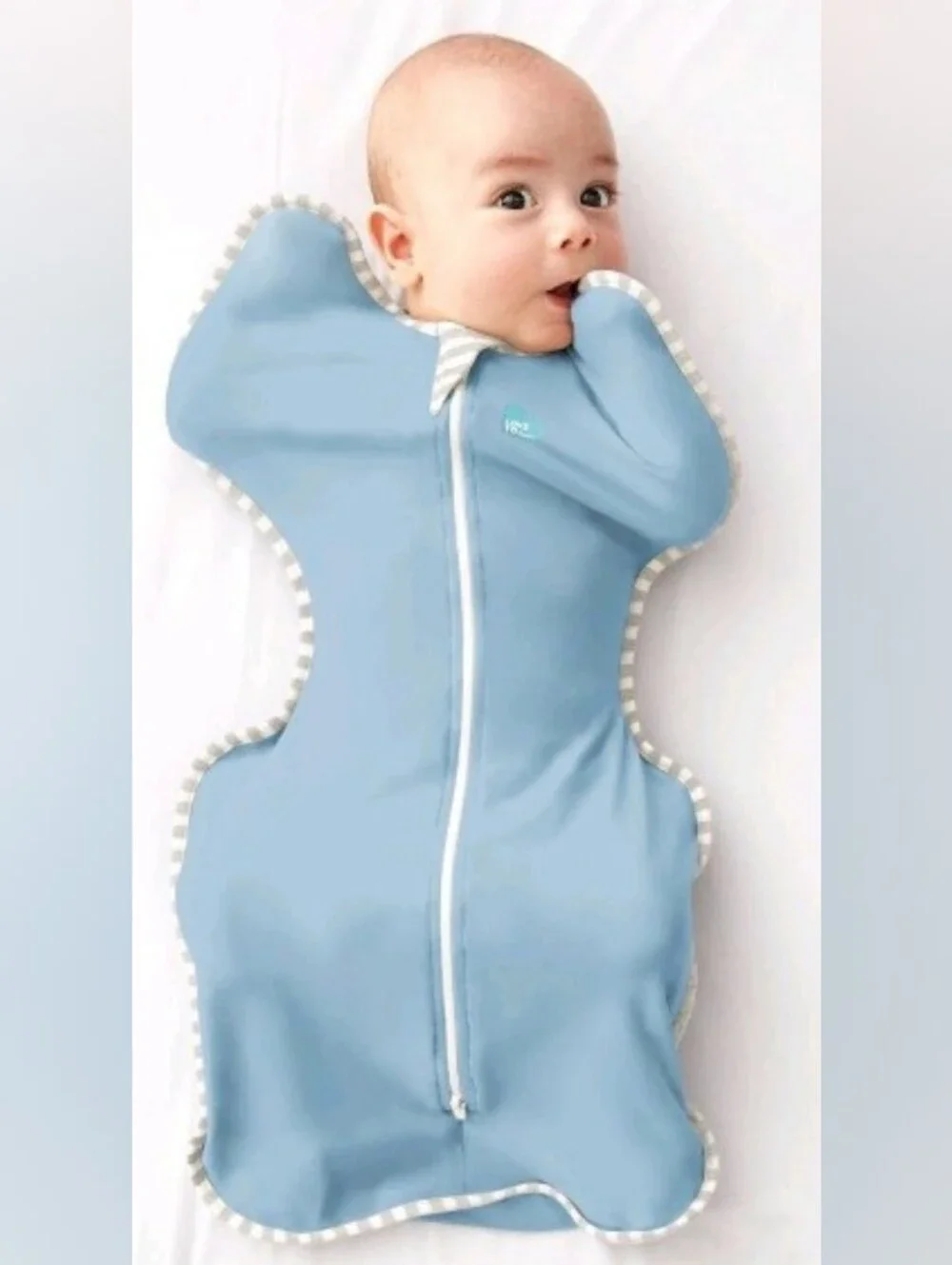 Love To Dream Blue Baby Swaddle Sack with Grey Stripe Trim 93% Cotton SM. 8-13lb